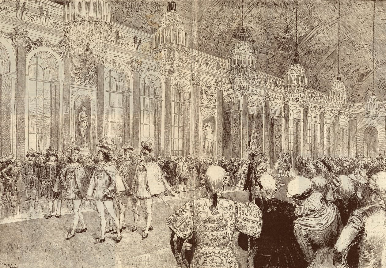 De processie van de ridders van de Orde van de Heilige Geest in de ijsgalerij van het kasteel van Versailles op Pinksterdag in 1789 door Adrien Emmanuel Marie