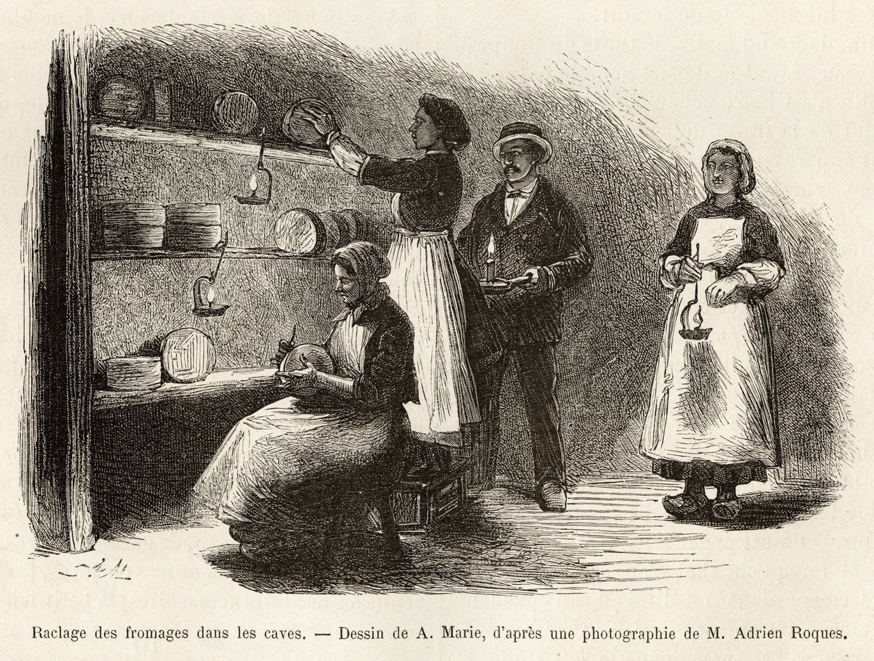 Het schrapen en naaien van kazen, na de wijnmakerij elke acht dagen, deze operaties vergemakkelijken de fermentatie en vorming van blauwe adering in de Roquefort, gravure naar een tekening van A. Marie, ter illustratie van een reis naar Roquefort en zijn o door Adrien Emmanuel Marie
