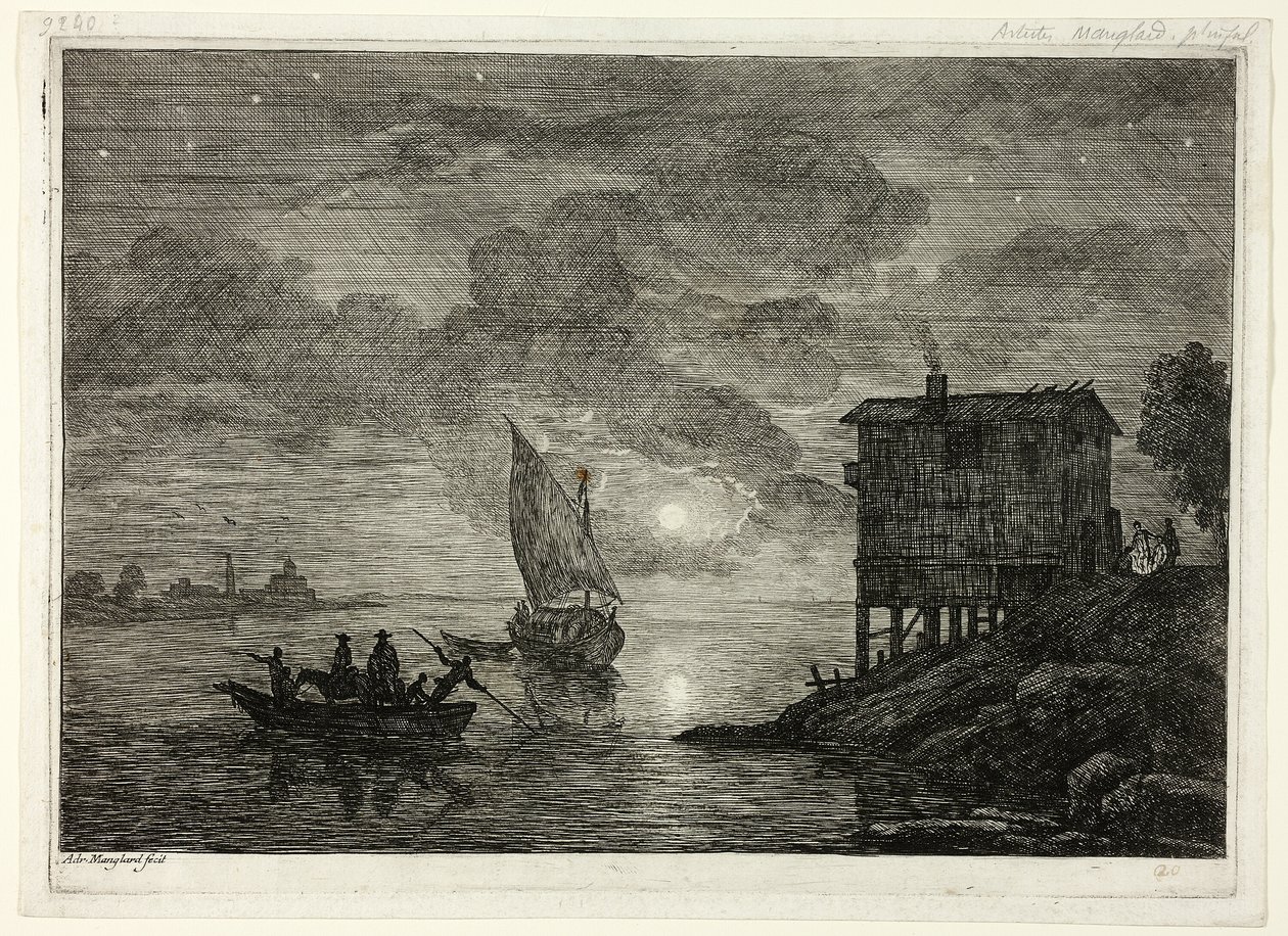 Haven Scène bij Maanlicht met Veerboot door Adrien Manglard