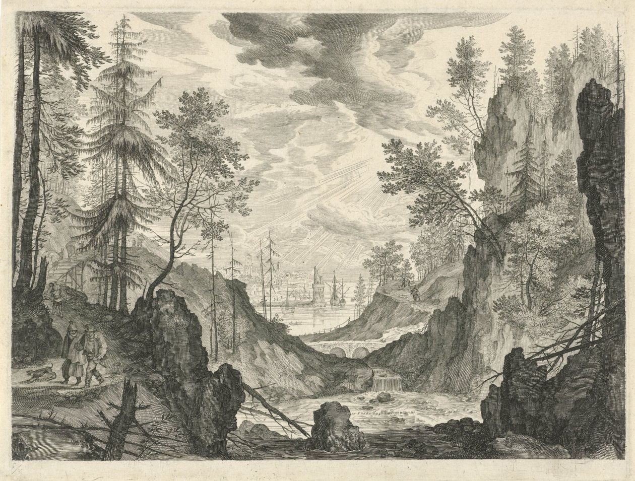 Boslandschap met een waterval door Egidius  Sadeler (II)