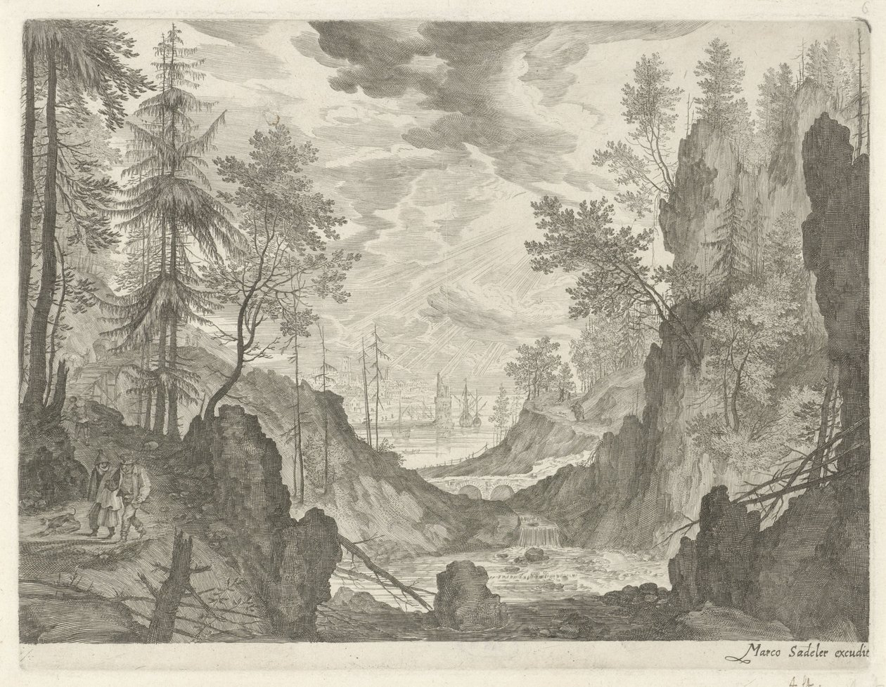 Boslandschap met waterval (Berglandschappen uit Tirol) door Egidius  Sadeler (II)
