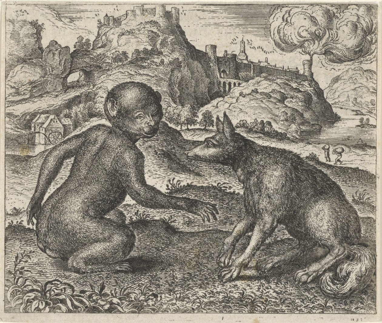 Fabel van de aap en de vos door Egidius  Sadeler (II)