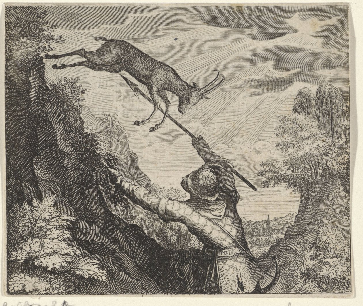 Fabel van de gems en de jager door Egidius  Sadeler (II)