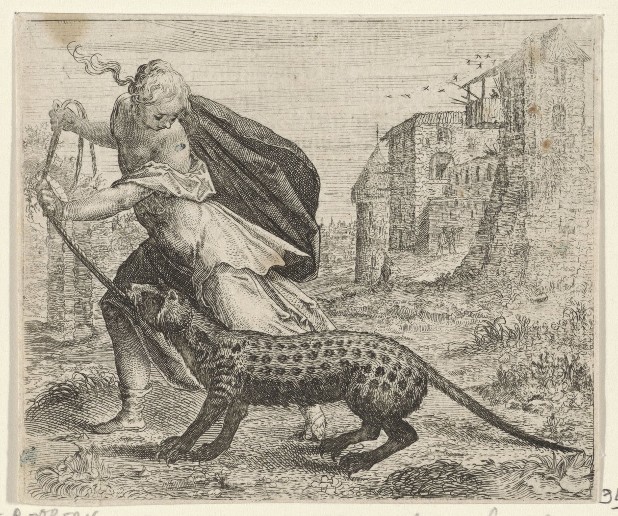 Fabel van de vrouw met een civetkat door Egidius  Sadeler (II)