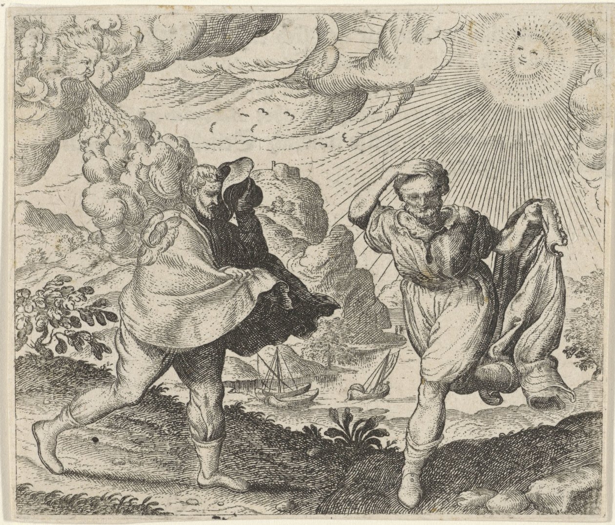 Fabel van de wind, de zon en de wandelaars door Egidius  Sadeler (II)