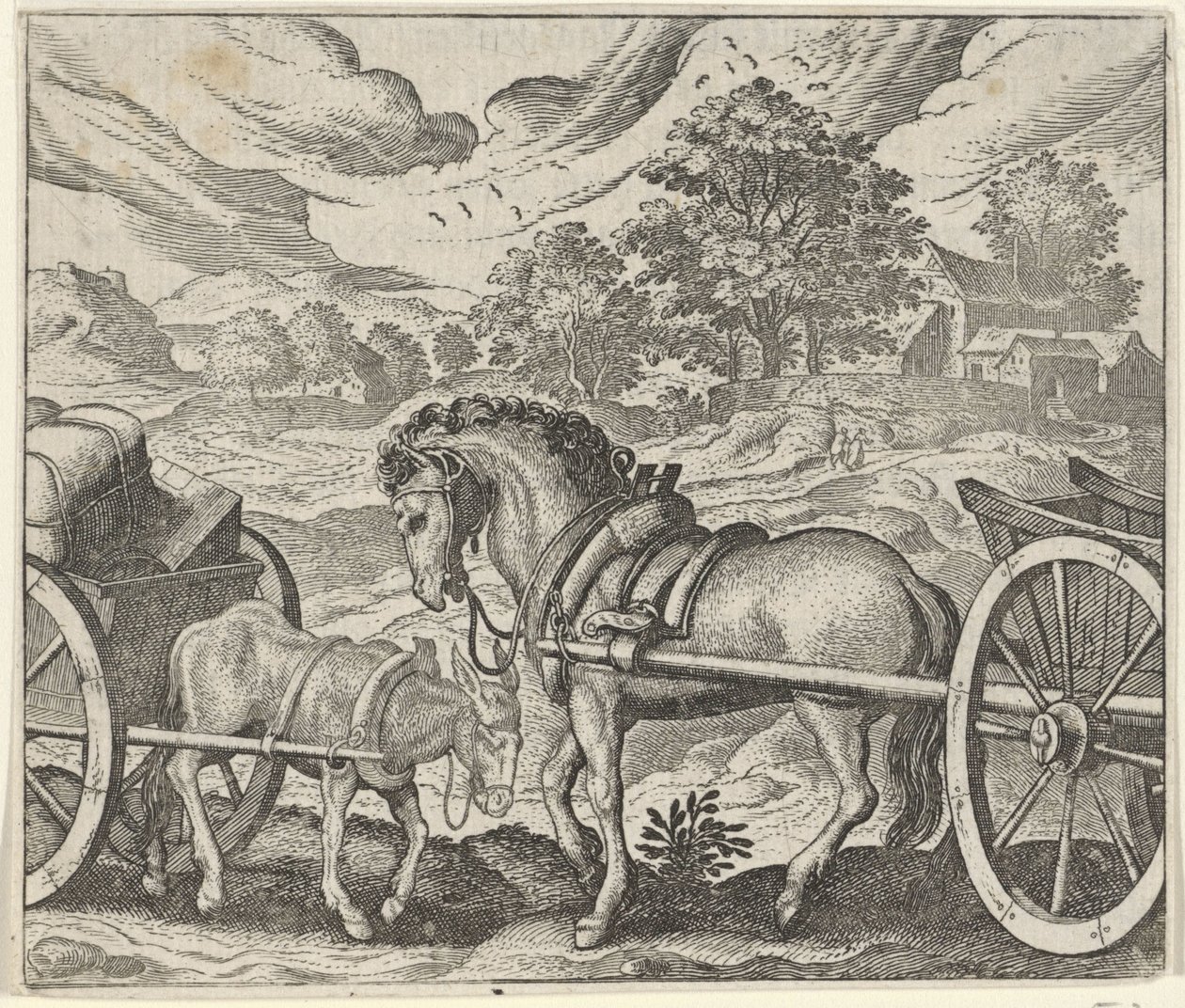 Fabel van het ontevreden paard en de ezel door Egidius  Sadeler (II)