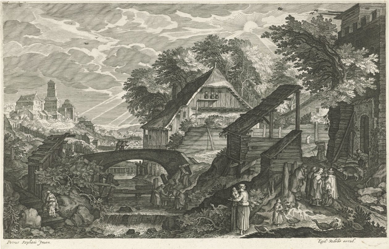 Huizen naast een rivier door Egidius  Sadeler (II)
