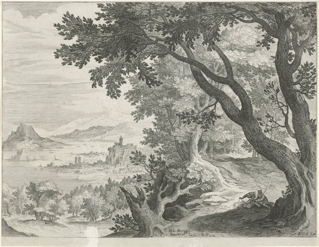 Landschap met twee figuren onder een boom door Egidius  Sadeler (II)