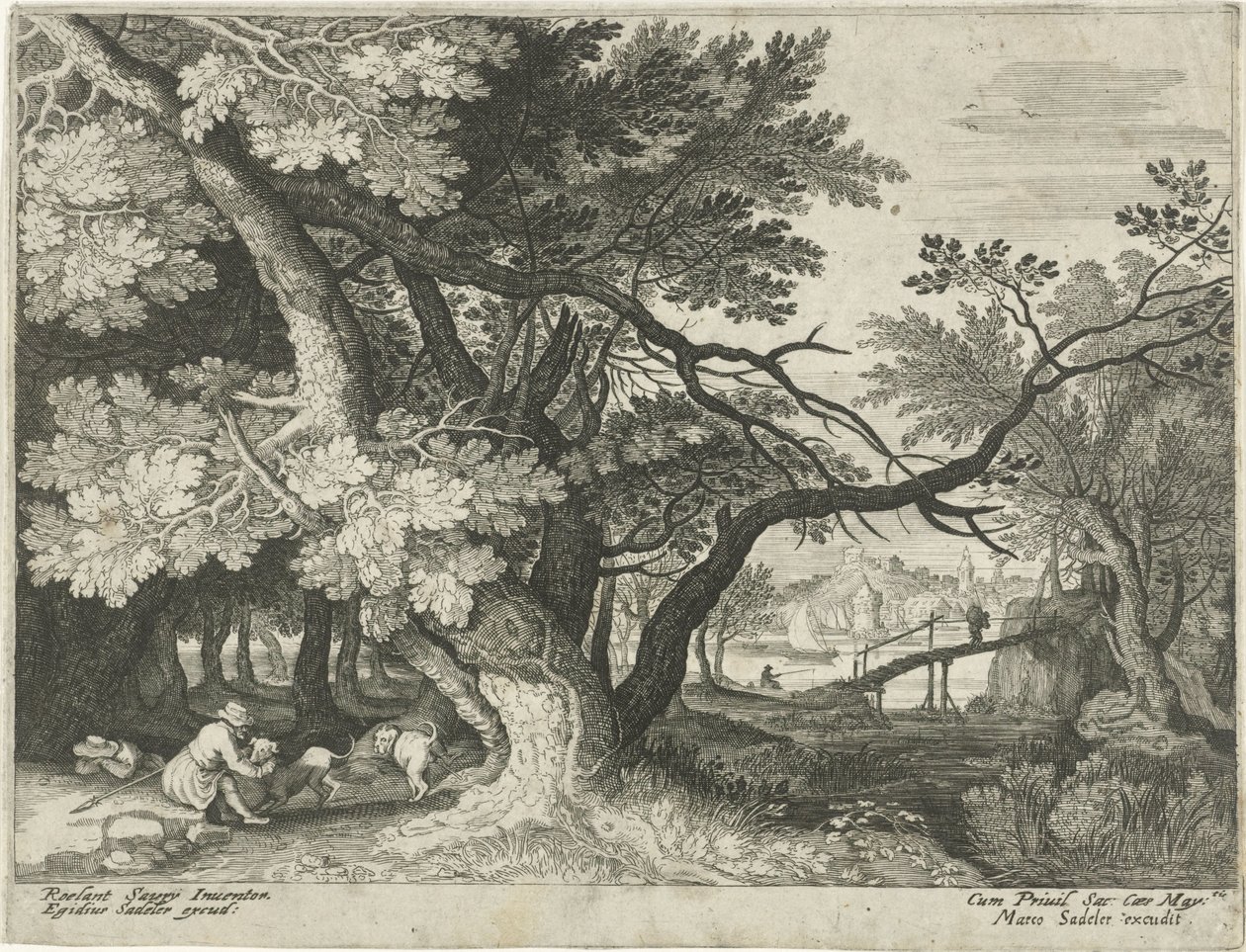 Landschap met twee jagers door Egidius  Sadeler (II)