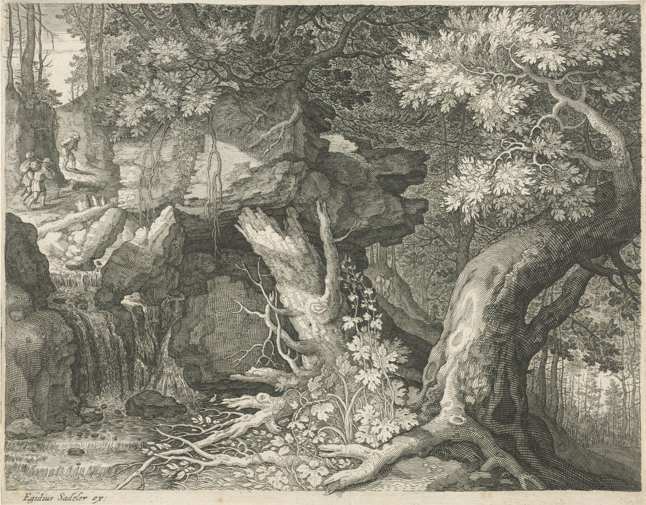 Reizigers boven een waterval door Egidius  Sadeler (II)