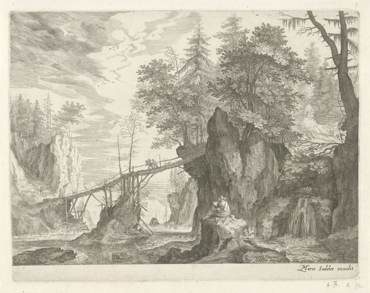 Tekenaar zittend op een steen voor een brug (Berglandschappen uit Tirol) door Egidius  Sadeler (II)