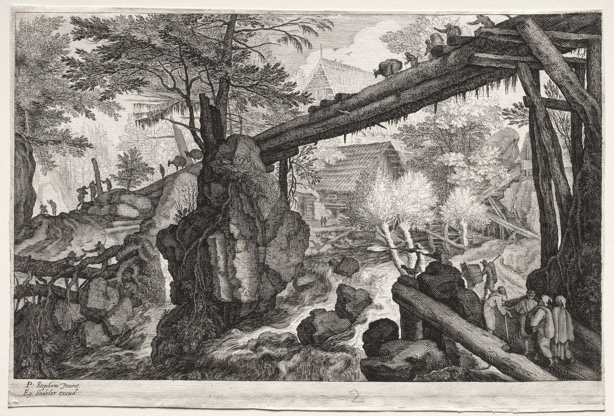Acht Boheemse landschappen: Landschap met boomstambrug over waterval, ca. 1610-1615 door Aegidius Sadeler or Saedeler