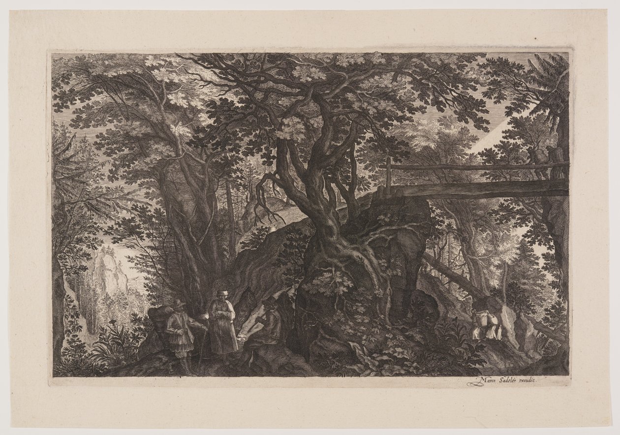 Een bos met rechts een houten brug, uit Acht scènes uit Bohemen door Aegidius Sadeler II