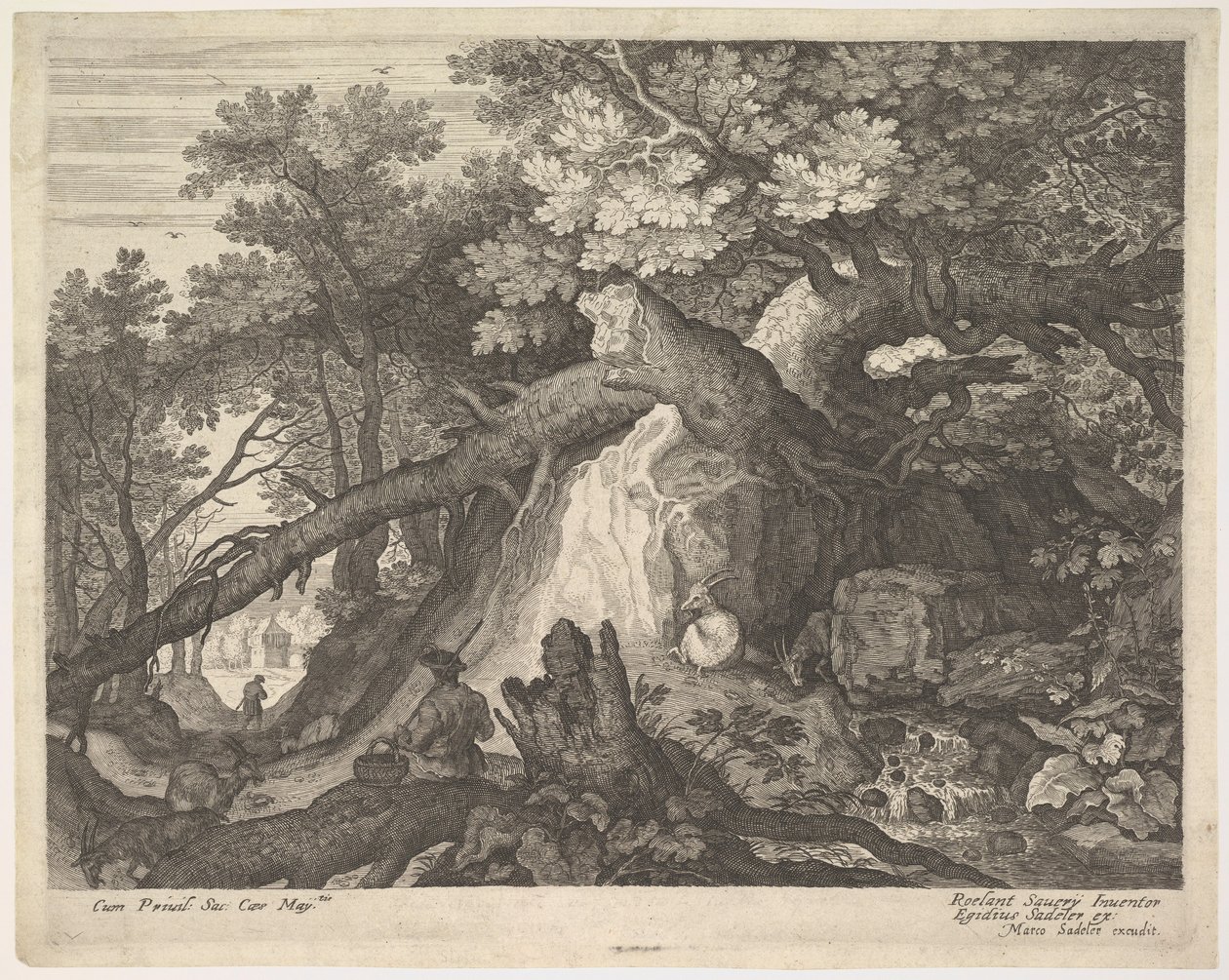 Een man met een staf zittend op een boomstam, met twee geiten aan weerszijden, ca. 1600 door Aegidius Sadeler II