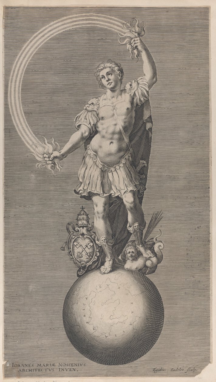 Allegorische figuur van een krijger die op een wereldbol staat met het pauselijke wapen, ca. 1588-1629 door Aegidius Sadeler II