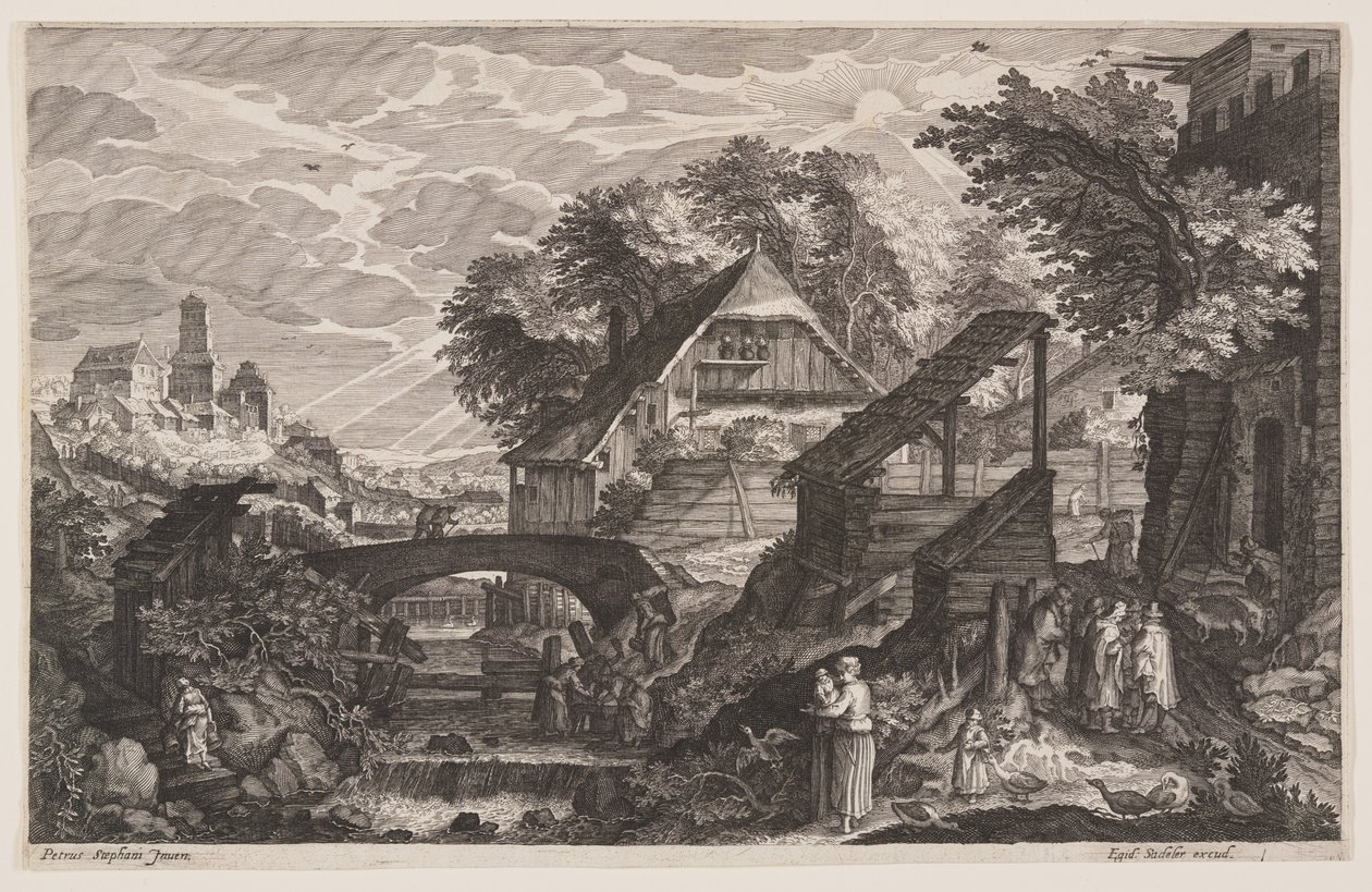Boerderijen aan de rechterkant van een rivier, uit Acht scènes uit Bohemen door Aegidius Sadeler II