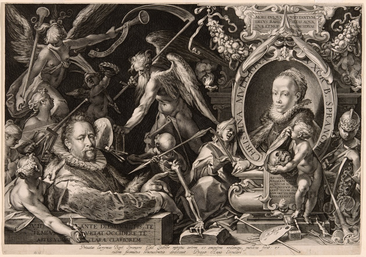 Portret van Bartolomaeus Spranger met een allegorie op de dood van zijn vrouw, Christina Müller door Aegidius Sadeler II