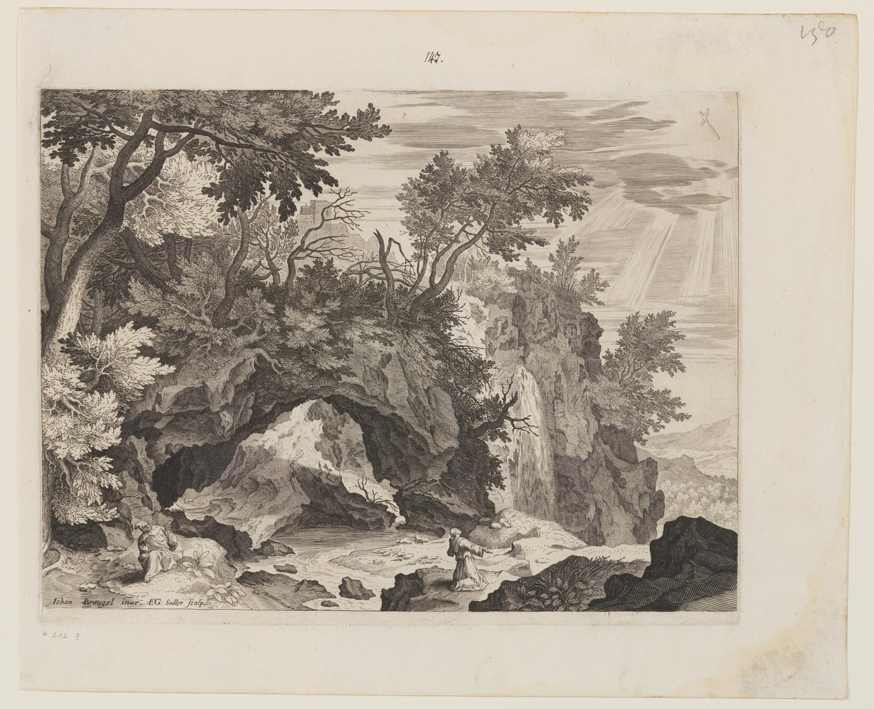 Rotsachtig landschap met de stigmatisering van Sint Franciscus door Aegidius Sadeler II