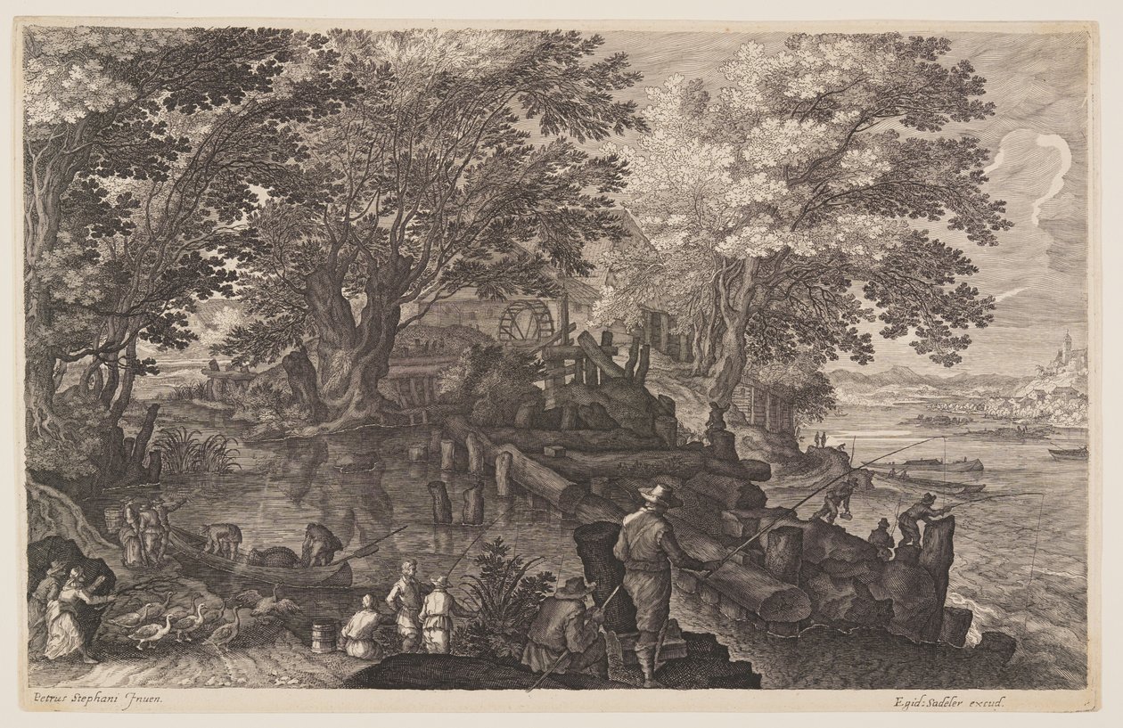Eerste scène: Watermolen op een eiland in een rivier met vissende mannen, uit Acht scènes uit Bohemen door Aegidius Sadeler II