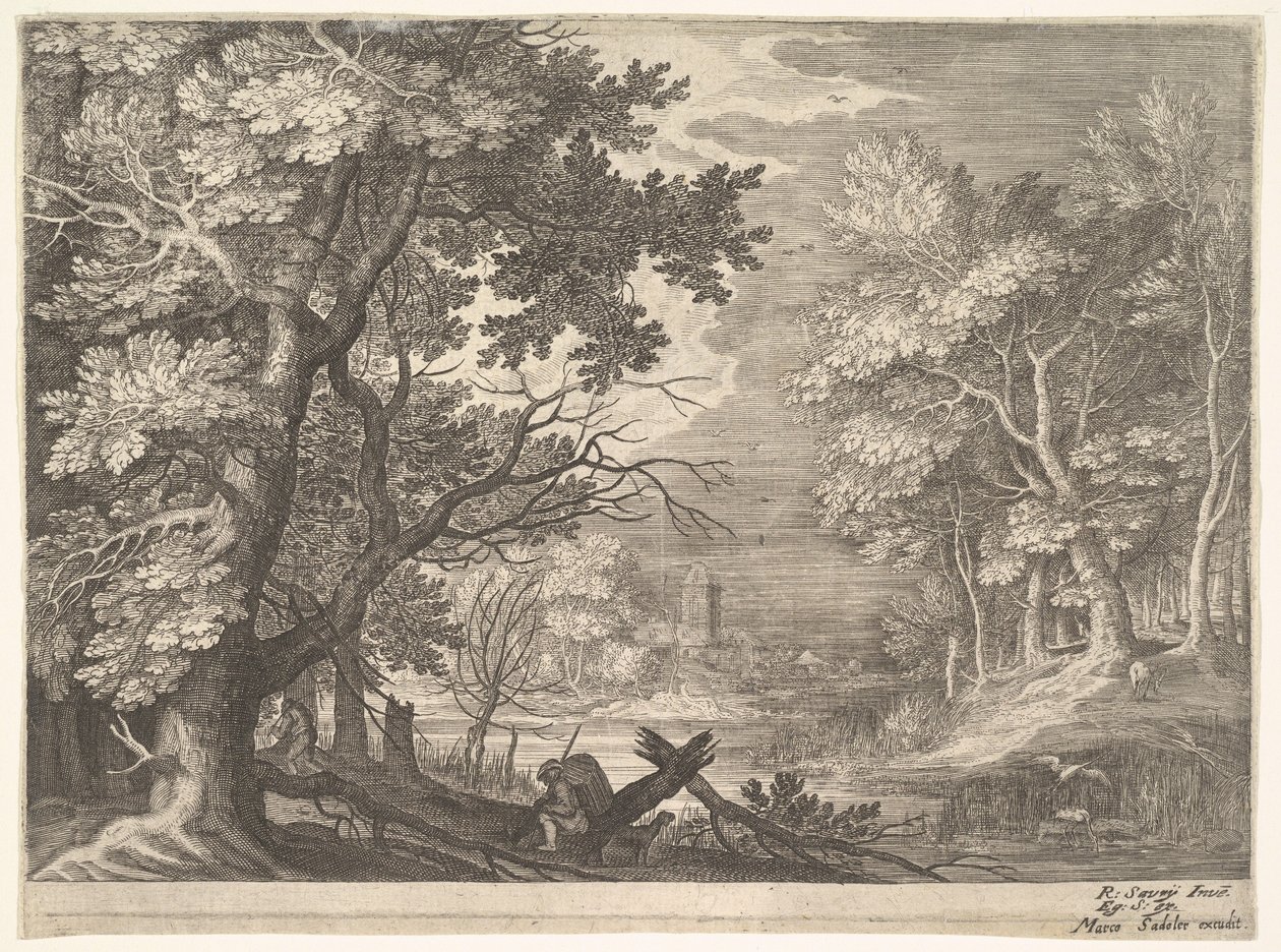 Boslandschap met moerassige oevers, twee mannen en een hond in profiel links, twee langnekken..., ca. 1600 door Aegidius Sadeler II