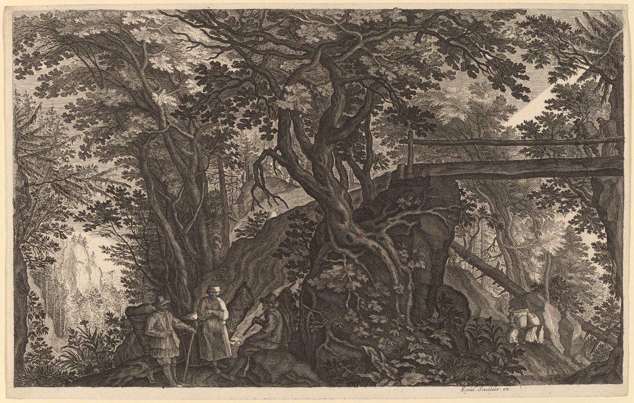 Boslandschap met Twee Mannen en een Vrouw die Rusten bij een Brug door Aegidius Sadeler II after Pieter Stevens