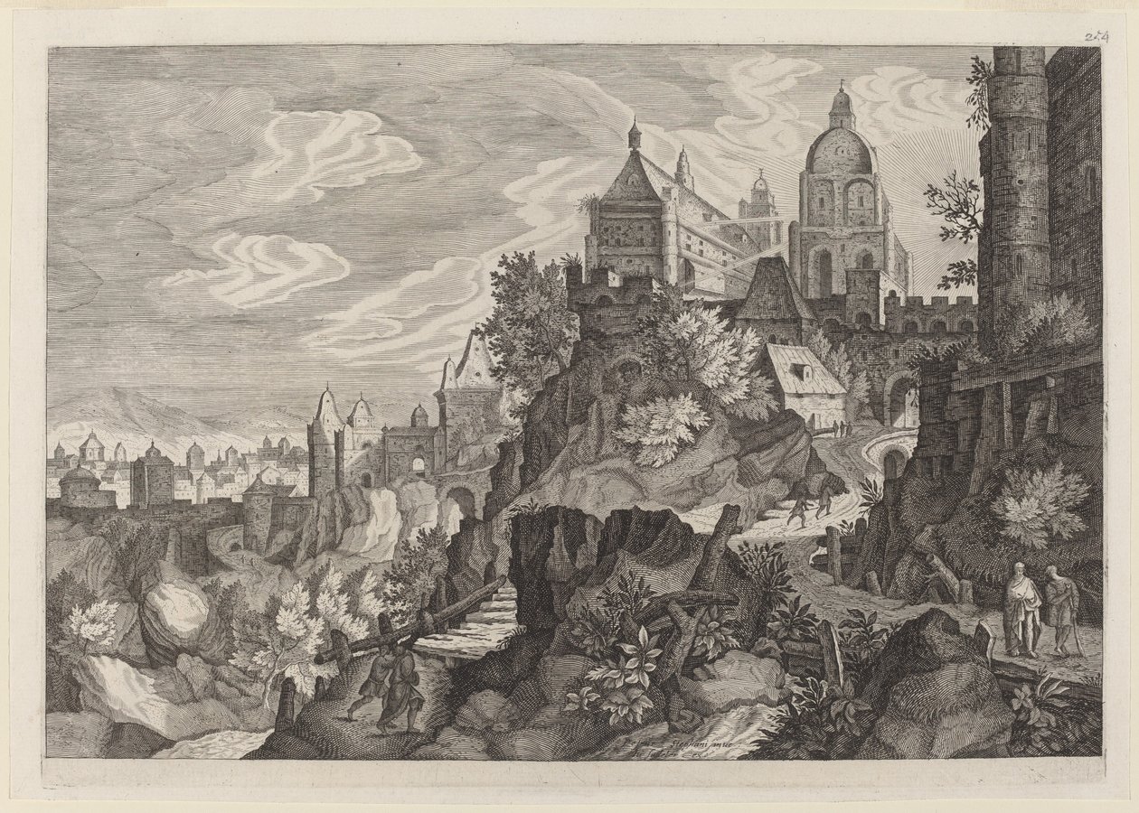 Rotsachtig landschap in Bohemen door Aegidius Sadeler II after Pieter Stevens