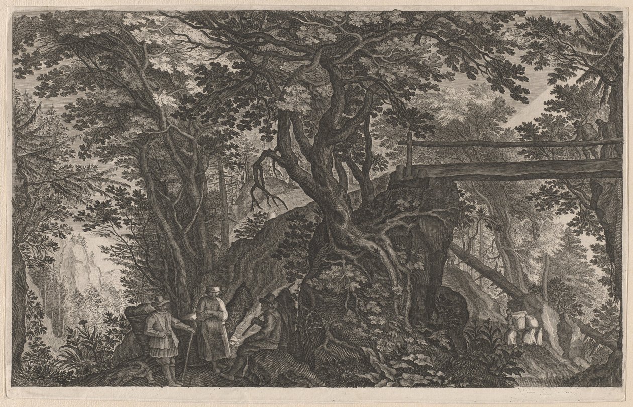 Reizigers rusten in een bergbos bij een boomstambrug door Aegidius Sadeler II after Pieter Stevens