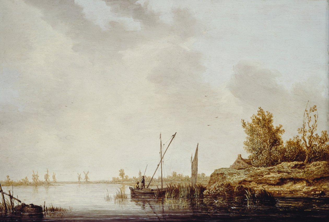 Een rivierlandschap met verre windmolens, ca. 1640-42 door Aelbert Cuyp
