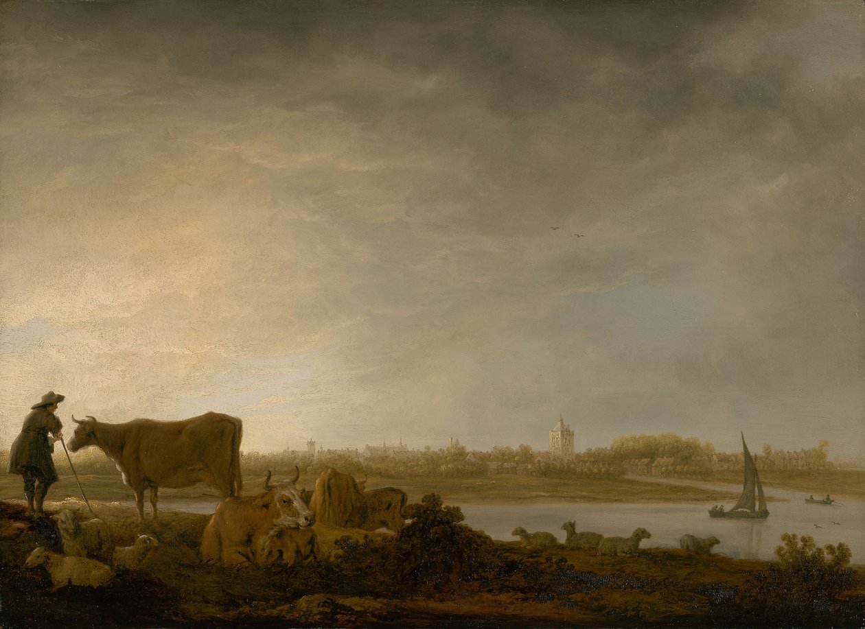 Een uitzicht op Vianen met een herder en vee bij een rivier, c.1643-45 door Aelbert Cuyp