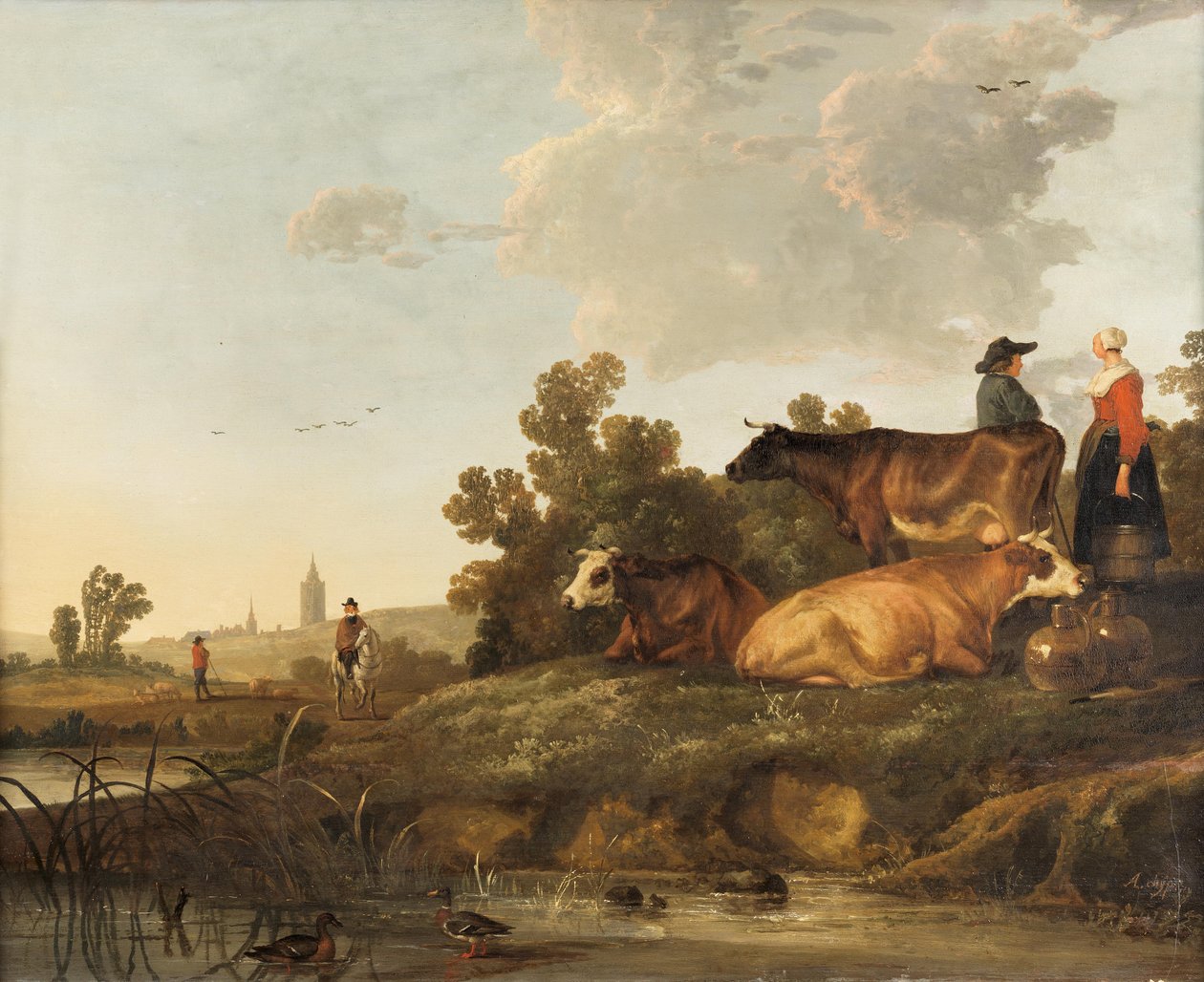 Een veedrijver en melkmeid naast vee, uitzicht op een stad in de verte door Aelbert Cuyp