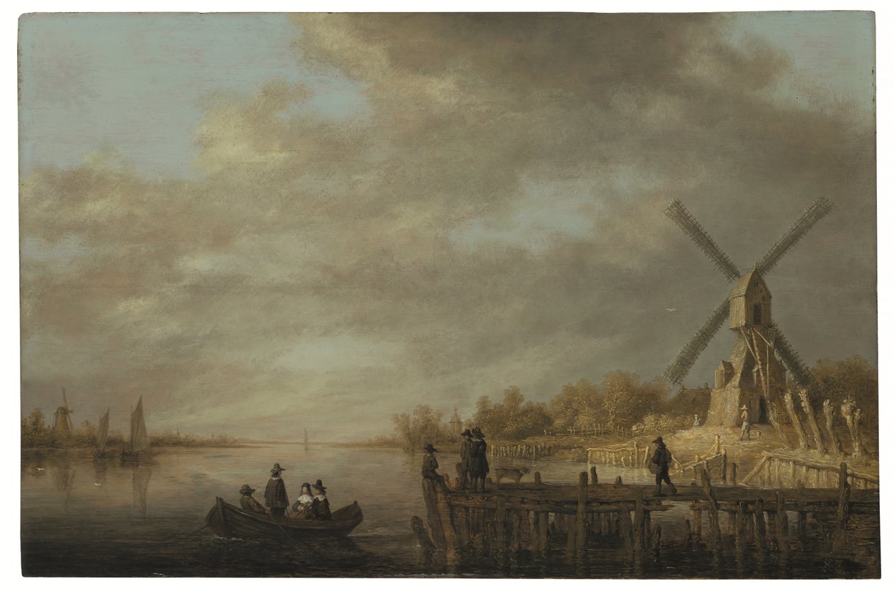 Een rivierlandschap met een windmolen en heren in een roeiboot en op een steiger op de voorgrond door Aelbert Cuyp