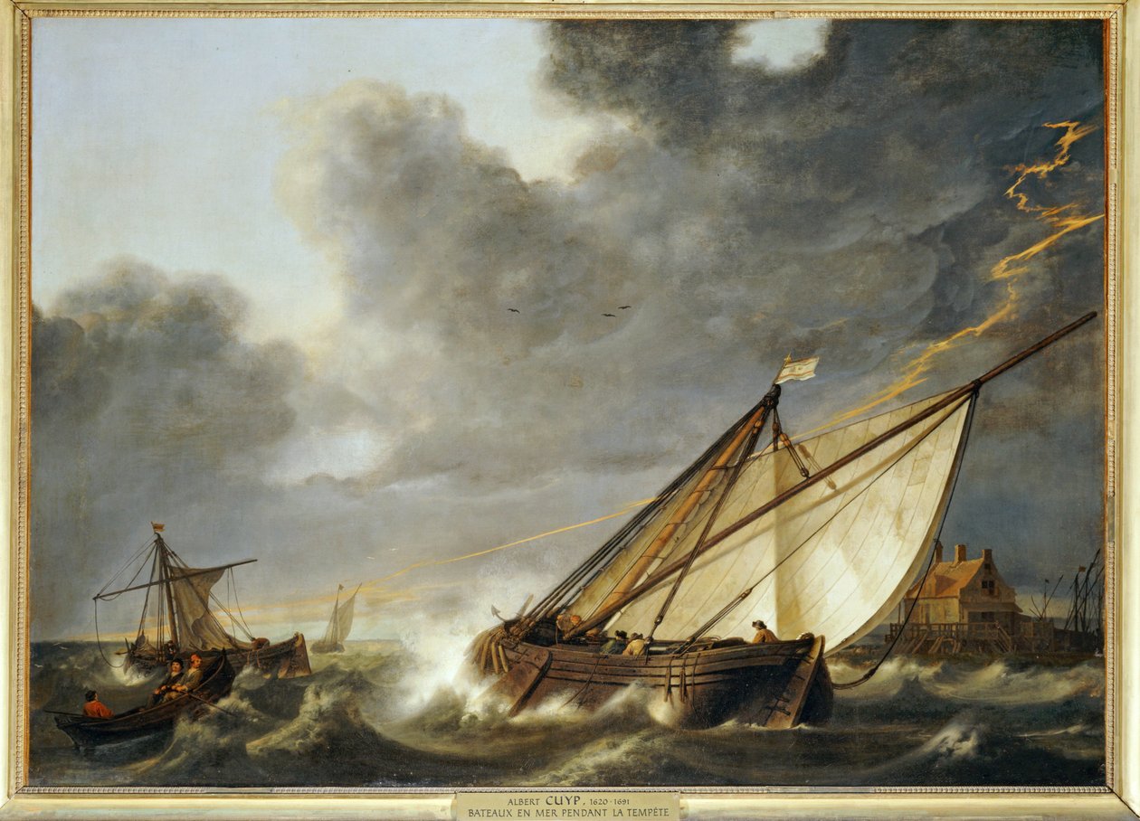 Boot op de monding van het Hollands Diep, gevangen in een storm ... door Aelbert Cuyp