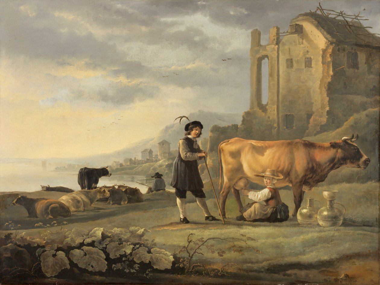 Landschap met meid die een koe melkt door Aelbert Cuyp