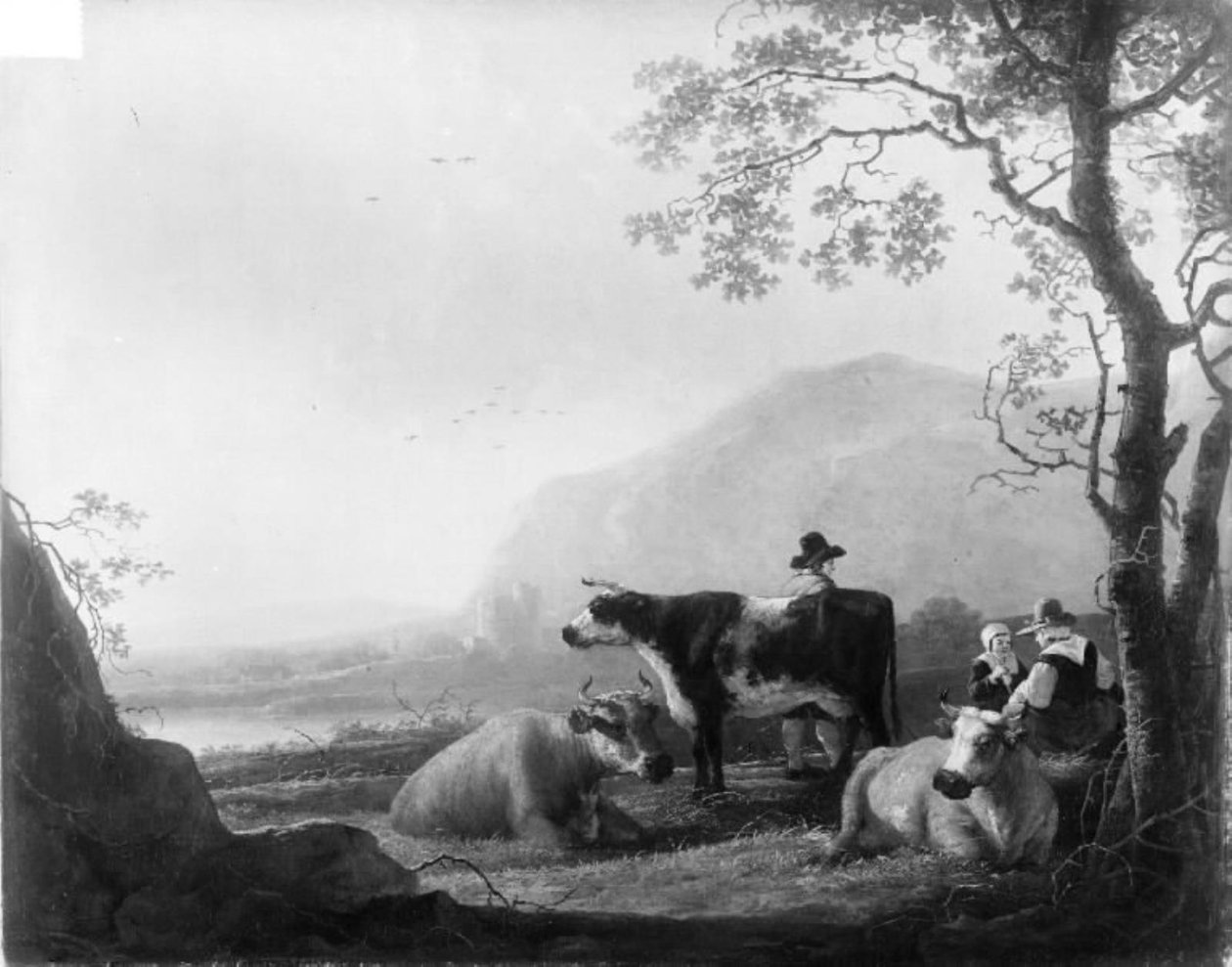 Landschap met drie koeien en herders door Aelbert Cuyp
