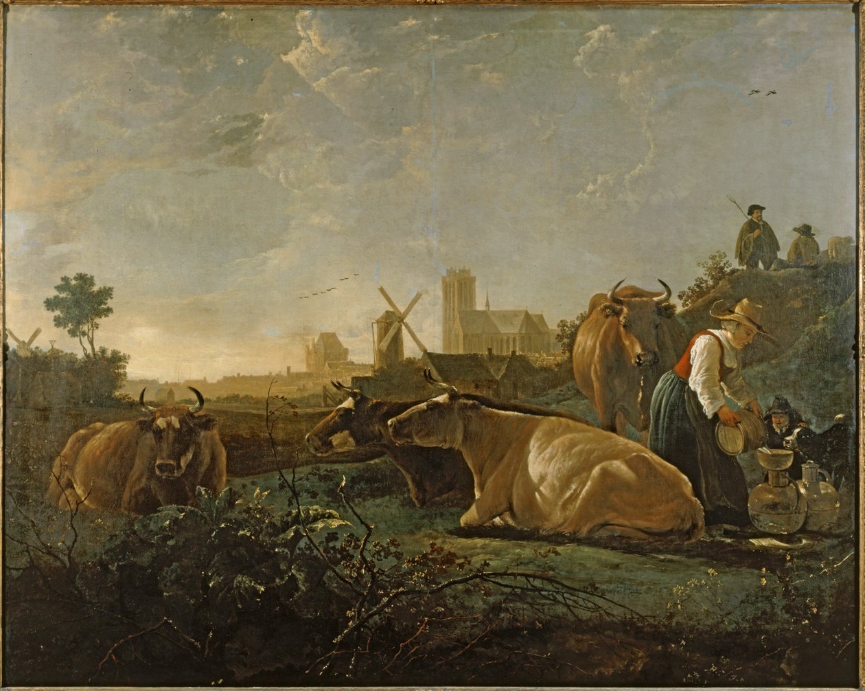 Melkmeisje en vee bij Dordrecht ... (schilderij op doek) door Aelbert Cuyp