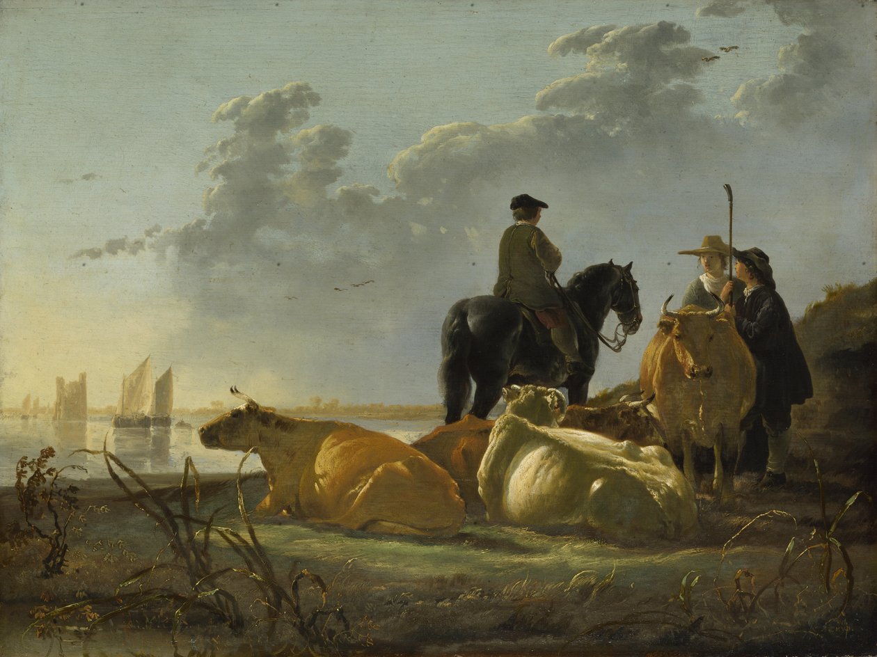 Boeren en vee aan de rivier de Merwede door Aelbert Cuyp