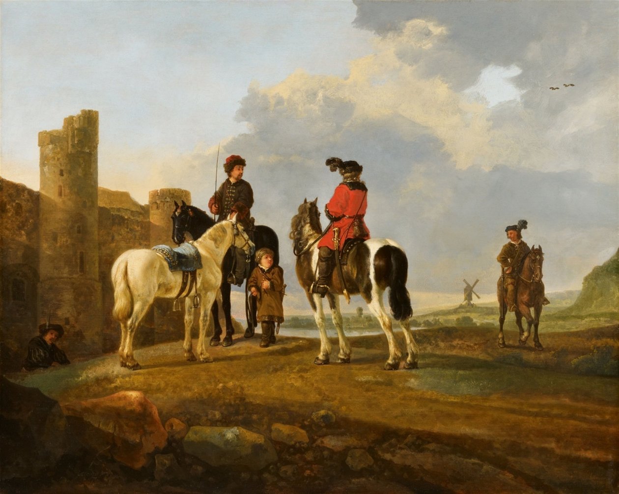 Ruiters in ruste door Burg Ubbergen door Aelbert Cuyp