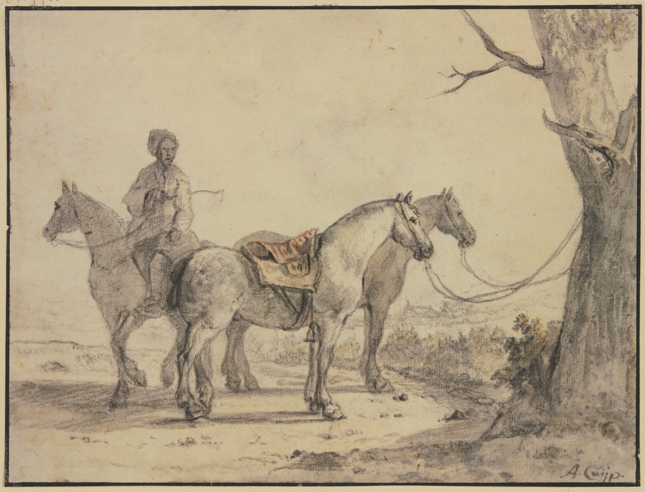 Twee gezadelde paarden vastgebonden aan een boom, met daarbij een ruiter door Aelbert Cuyp