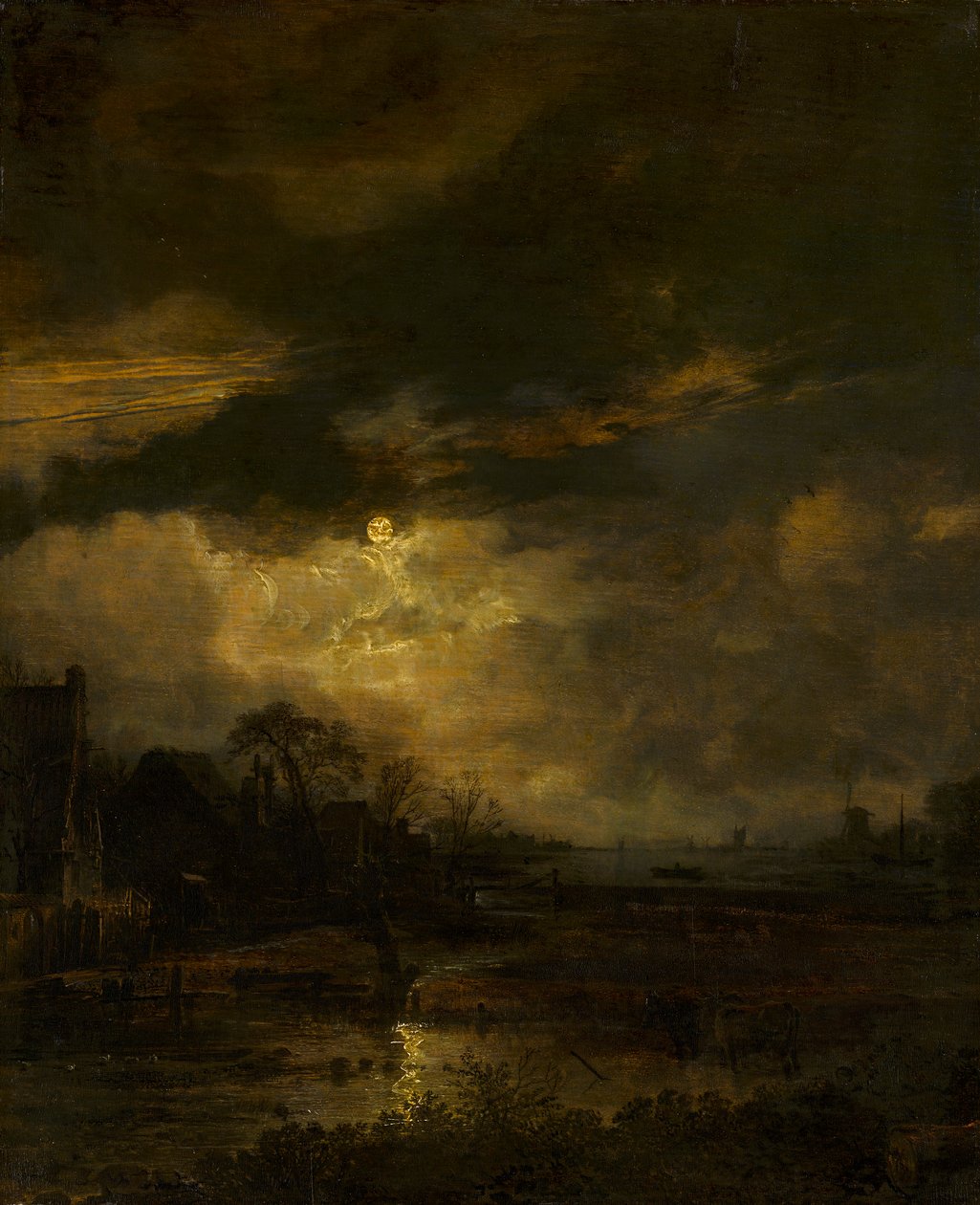Landschap bij zonsondergang door Aert van der Neer