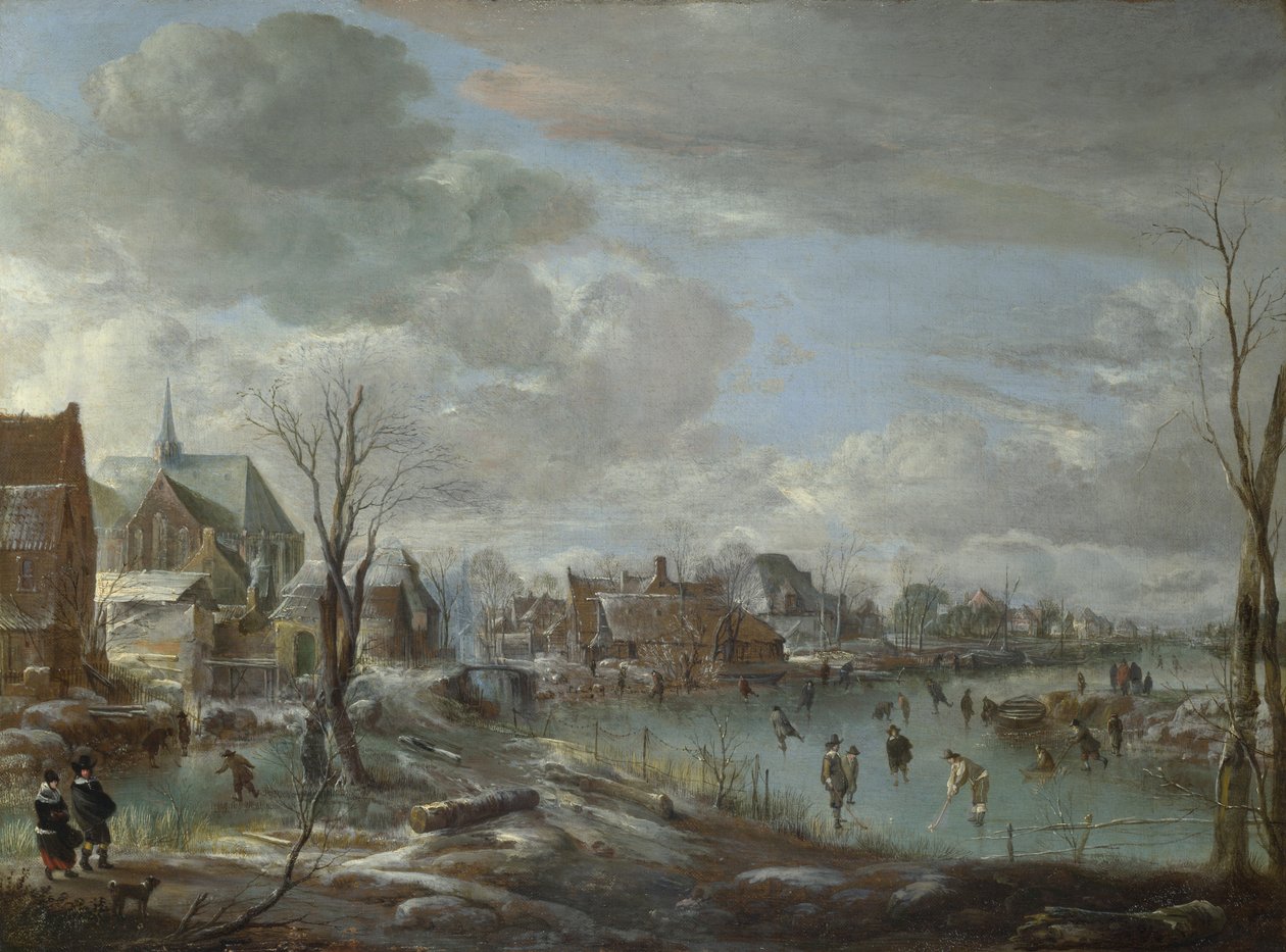 Een bevroren rivier bij een dorp, met golfers en schaatsers door Aert van der Neer