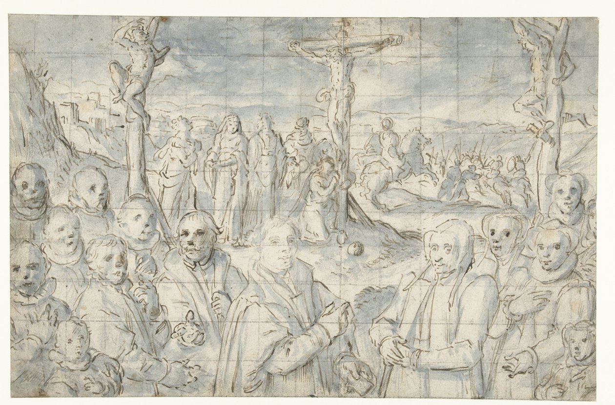Kruisiging met een stichter en zijn familie door Aert Pietersz.