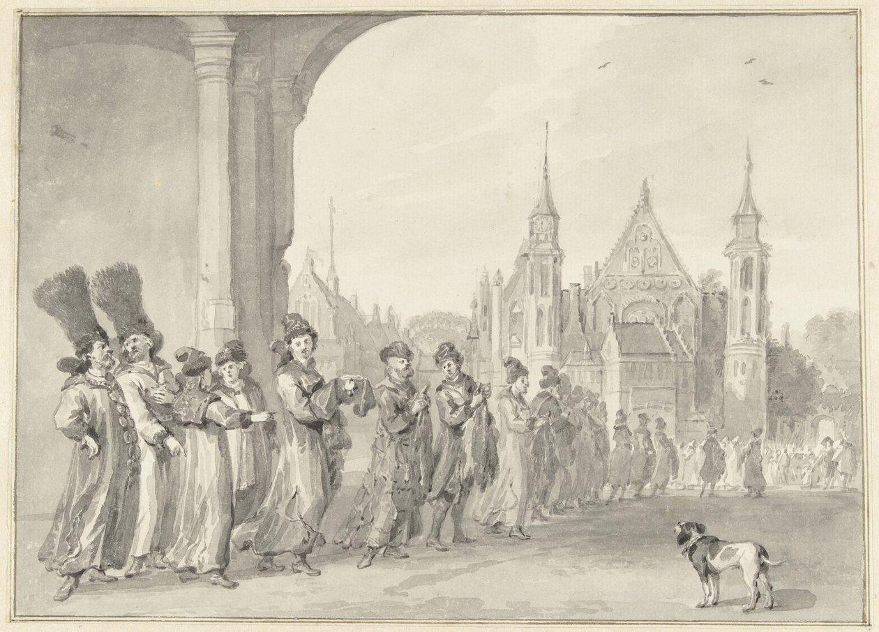 Het gezantschap van de Tsaar van Moskou op weg naar de Statenvergadering in Den Haag, 4 november 1631 door Aert Schouman