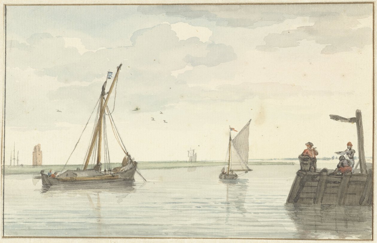 Het stenen vuurbaken en het havenhoofd van Durgerdam door Aert Schouman