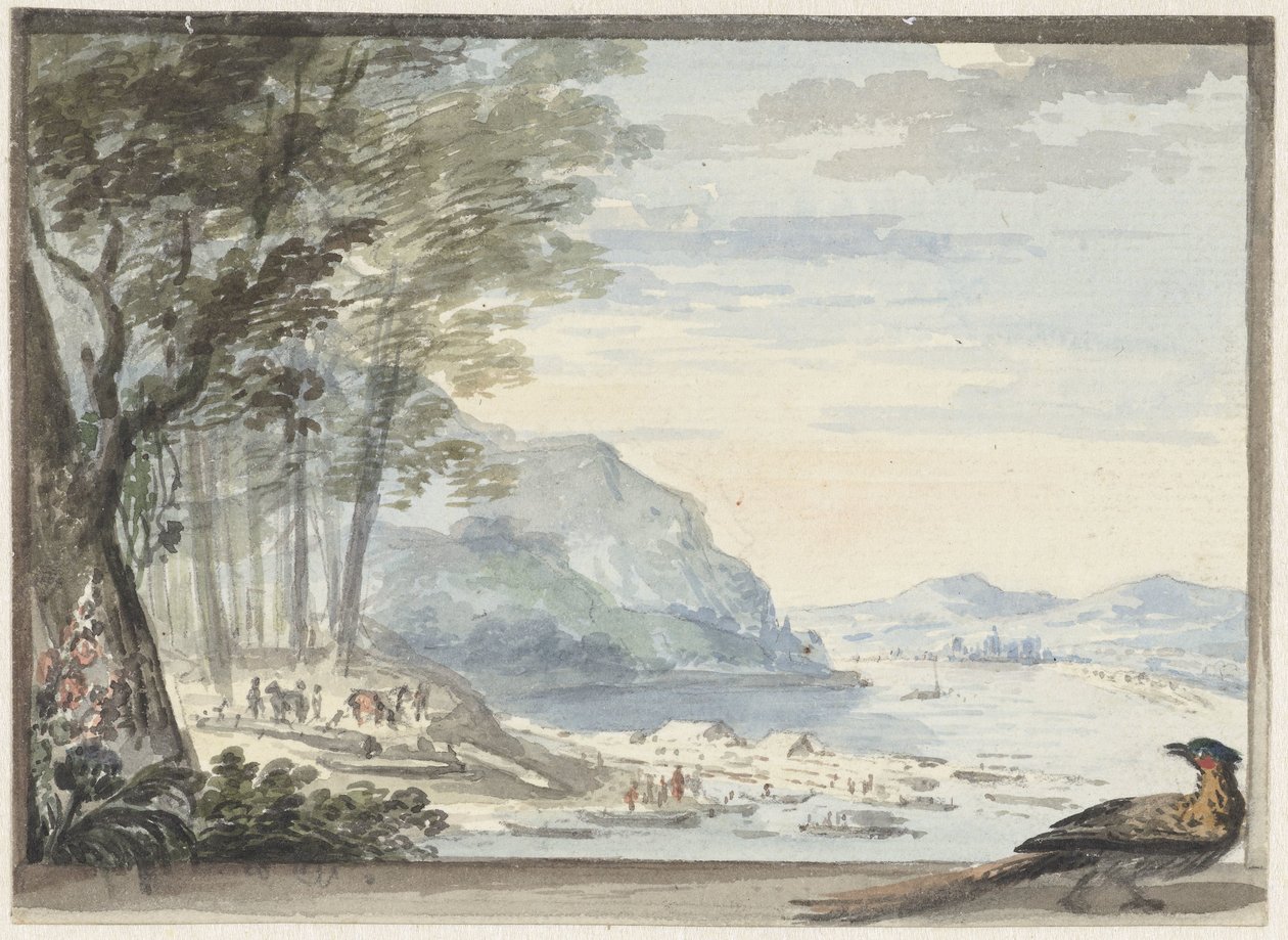 Rivierlandschap met op de voorgrond een hoen door Aert Schouman