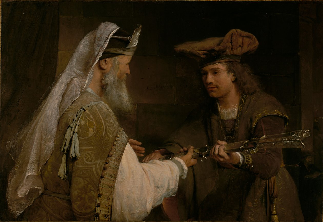 Ahimelech geeft het zwaard van Goliath aan David door Aert de Gelder