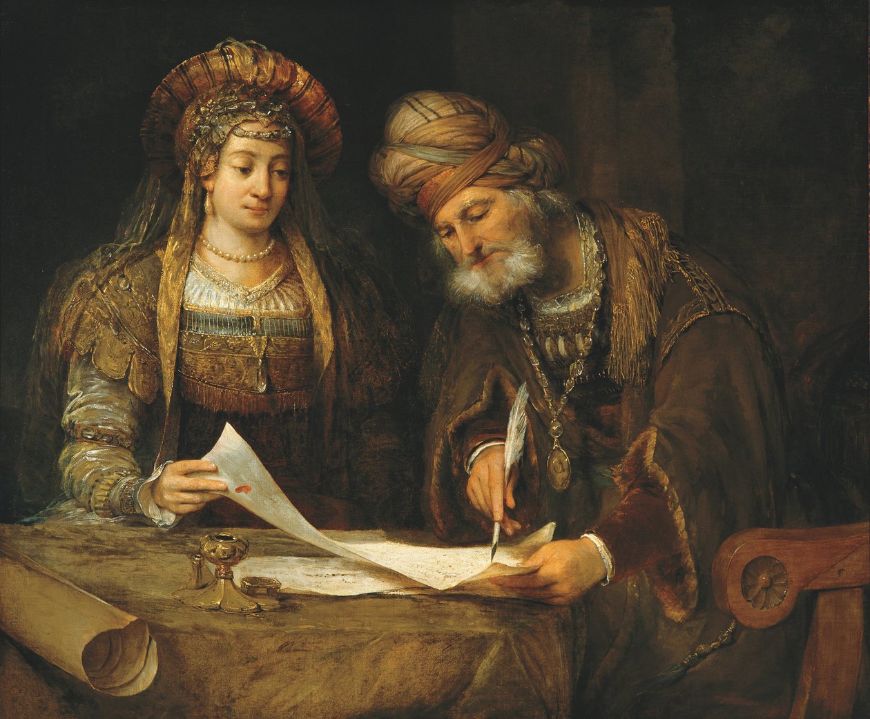 Esther en Mordechai Schrijven de Eerste Brief van Purim, c.1675 door Aernt de Gelder