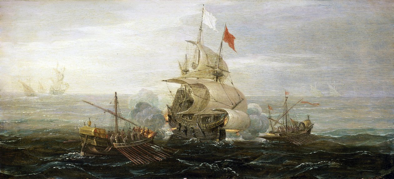 De aanval op een Frans koopvaardijschip door piraten van Barbarije (of Ottomaanse zeerovers), Middellandse Zee. Olieverf op hout door Aert Anthonisz (rond 1579-1620). door Aert van Antum