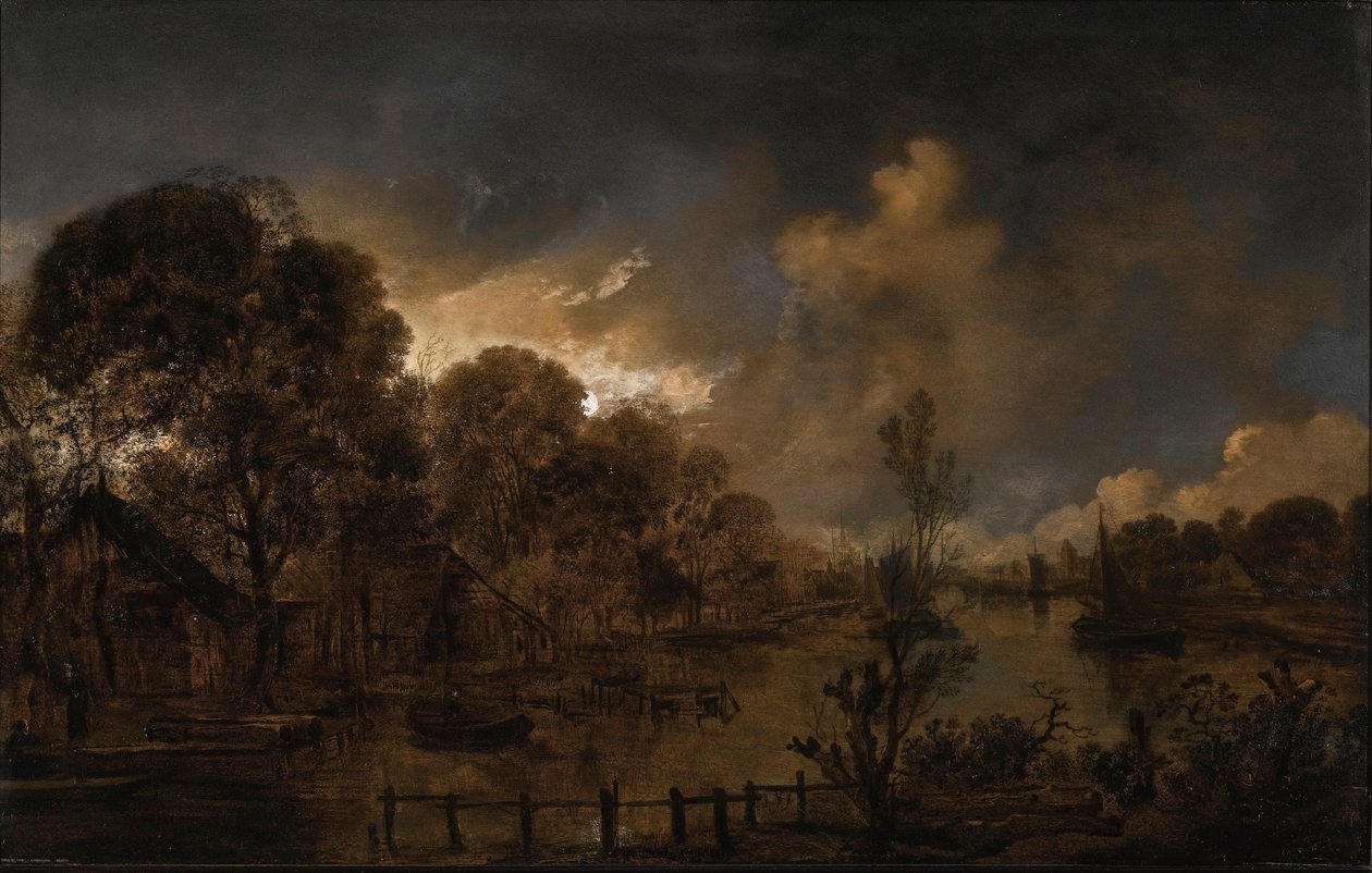 Een kanaal bij maanlicht door Aert van der Neer