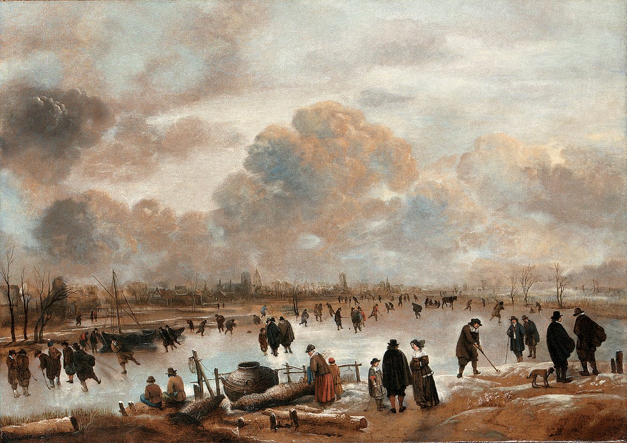Een Winterlandschap met Schaatsers en Stadsbewoners op een Bevroren Waterweg door Aert van der Neer