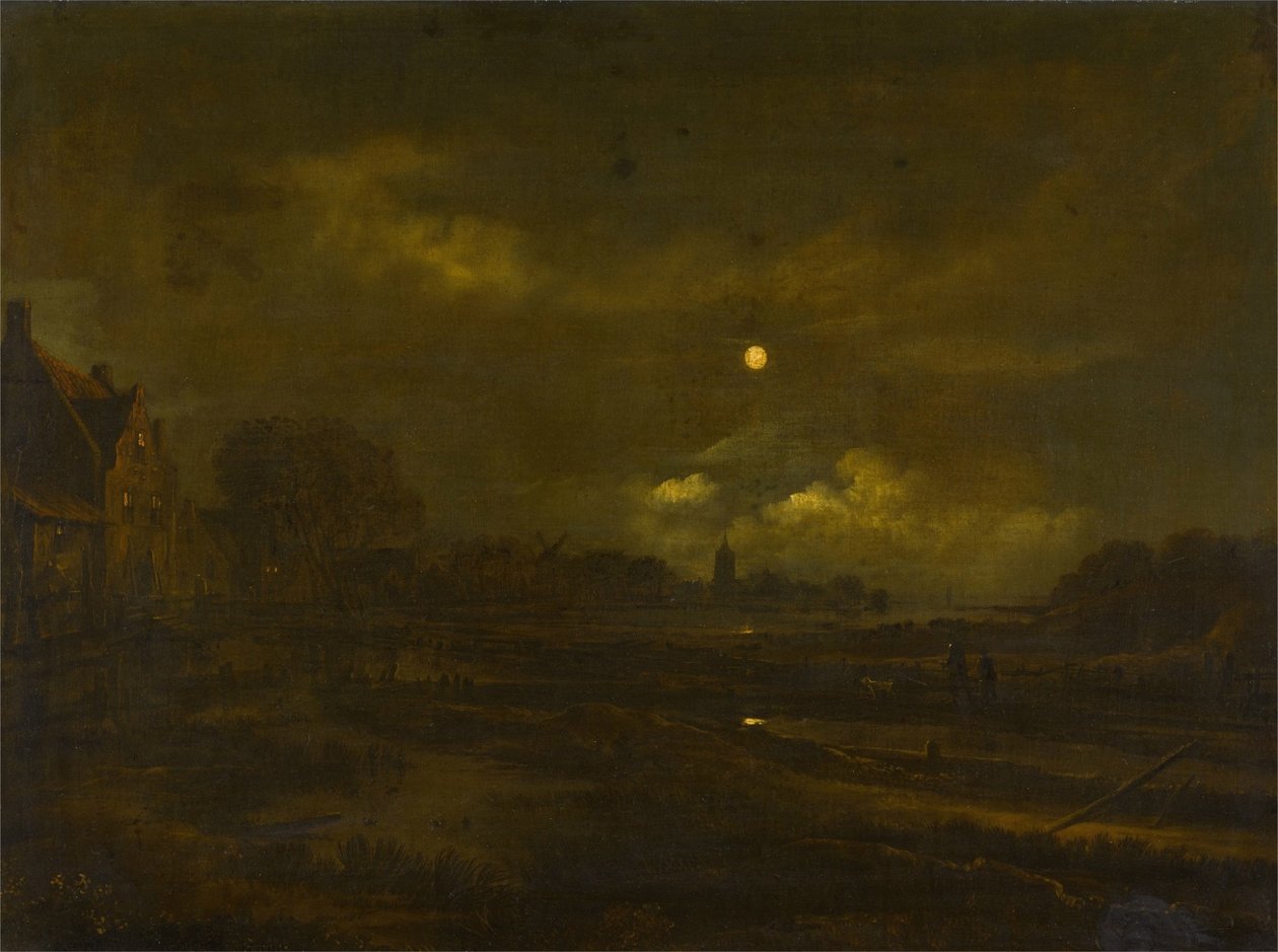 Een maanverlicht rivierlandschap met daarachter een dorp, een windmolen en een kerk, met reizigers op een pad op de voorgrond door Aert van der Neer